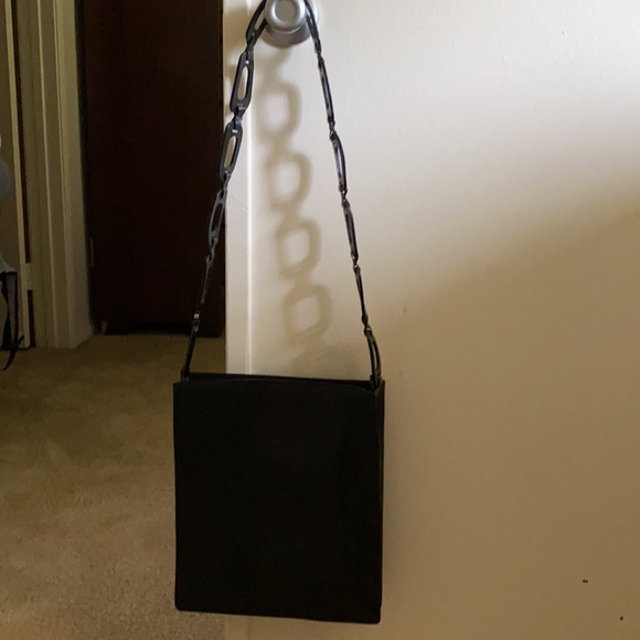 Vintage NEW GUCCI sleek black leather shoulder bag crossbody handbag w/wood RARE - Picture 7 of 13